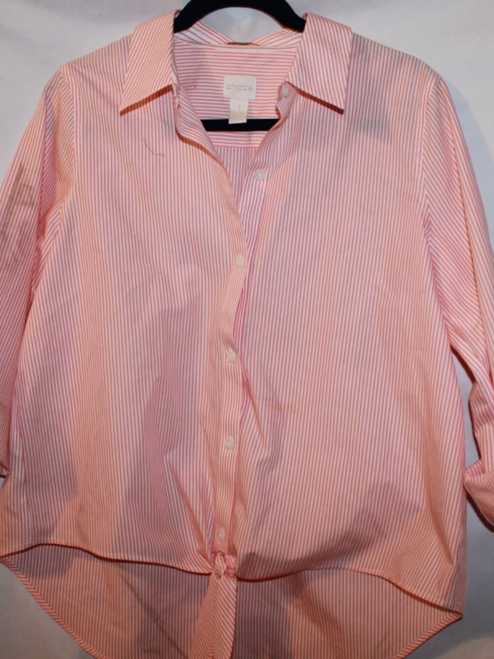 Chico's No Iron Striped Tie Front Shirt Peach & White